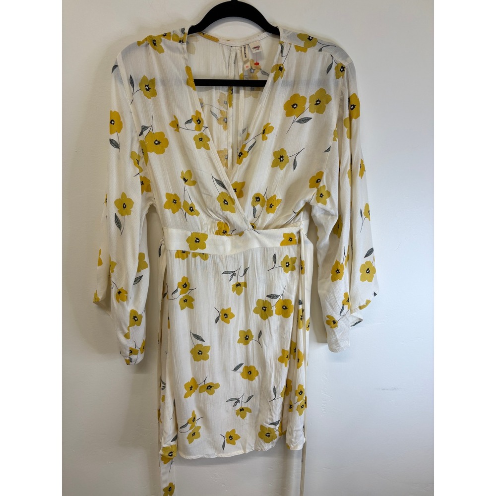 Billabong Yellow Floral Kimono Wrap Mini Dress White V-Neck Y2K Vacation Medium